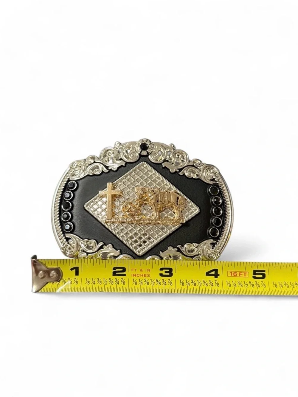 Western Cross & Horse Silver-Tone Buckle with Black Accents